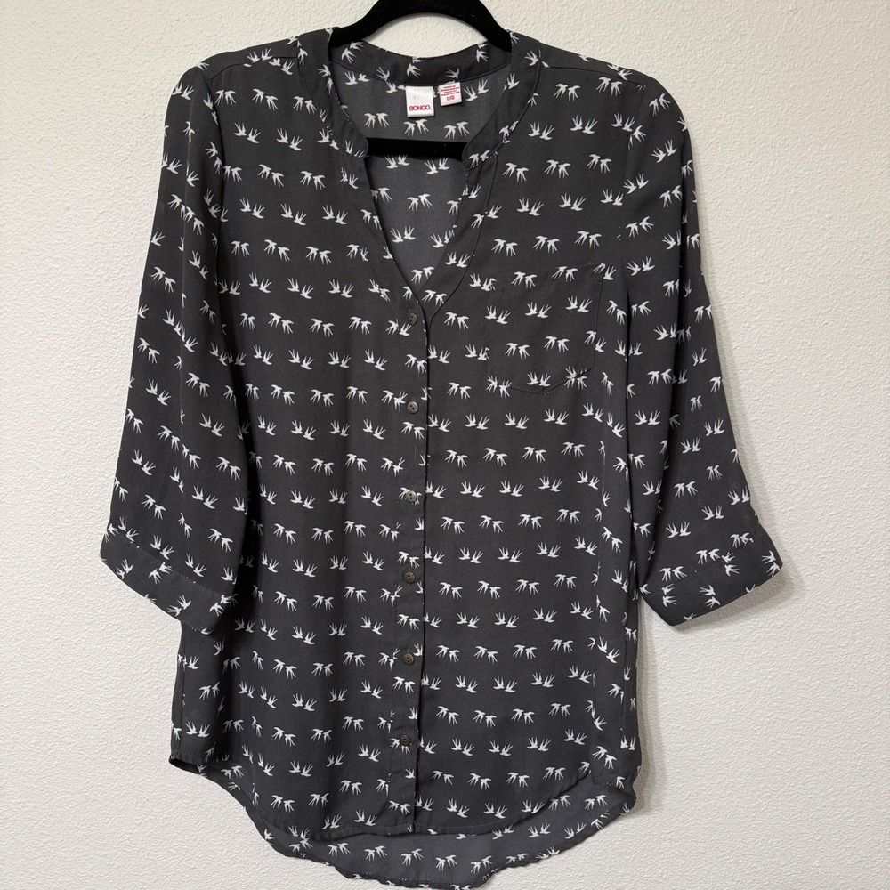 Bongo Women's Gray Bird chiffon casual workwear roll sleeve curve hem blouse LRG